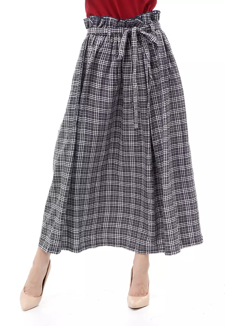 Amel Long Skirt Bawahan Wanita Motif Kotak-Kotak Regular Fit - Navy