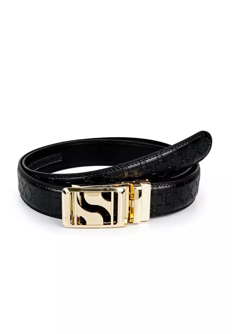 Signature Monogram HIRATSUKA Debossed Black Gold Belt for Men