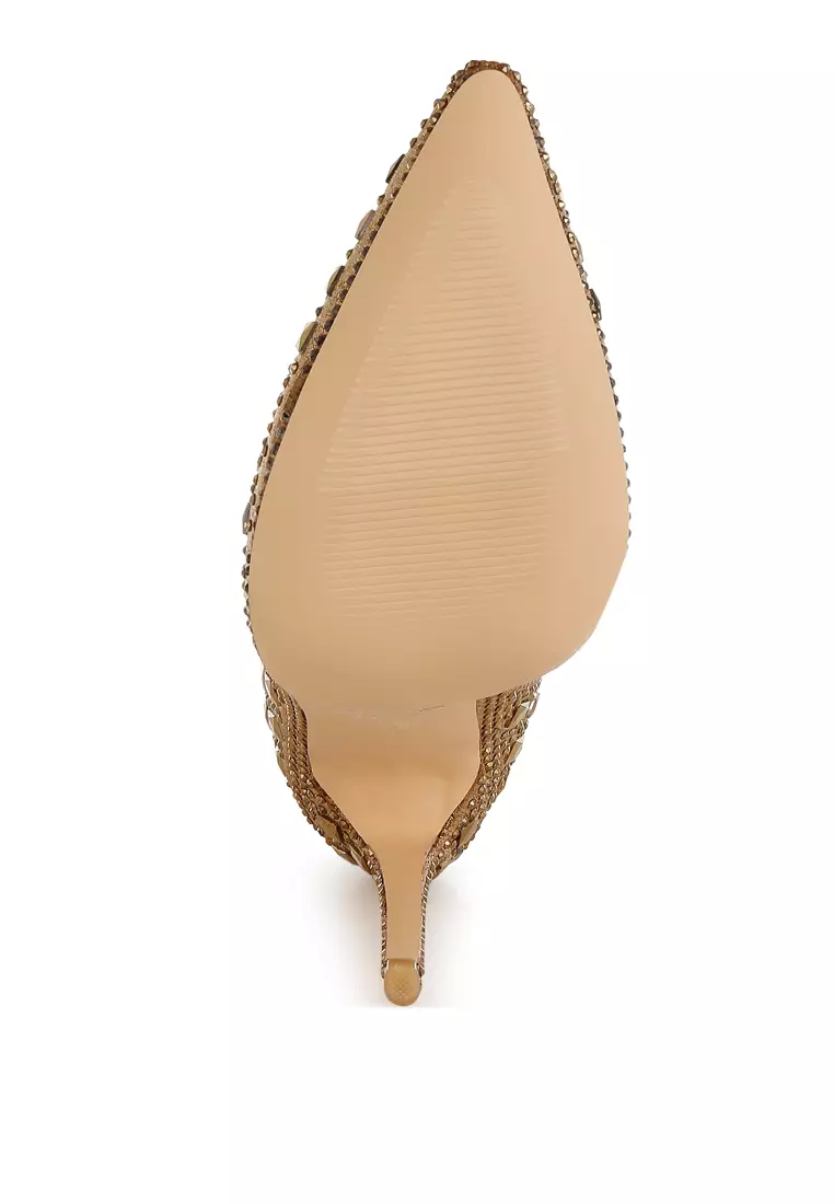 Sepatu bot stiletto ujung runcing dengan berlian imitasi berwarna emas