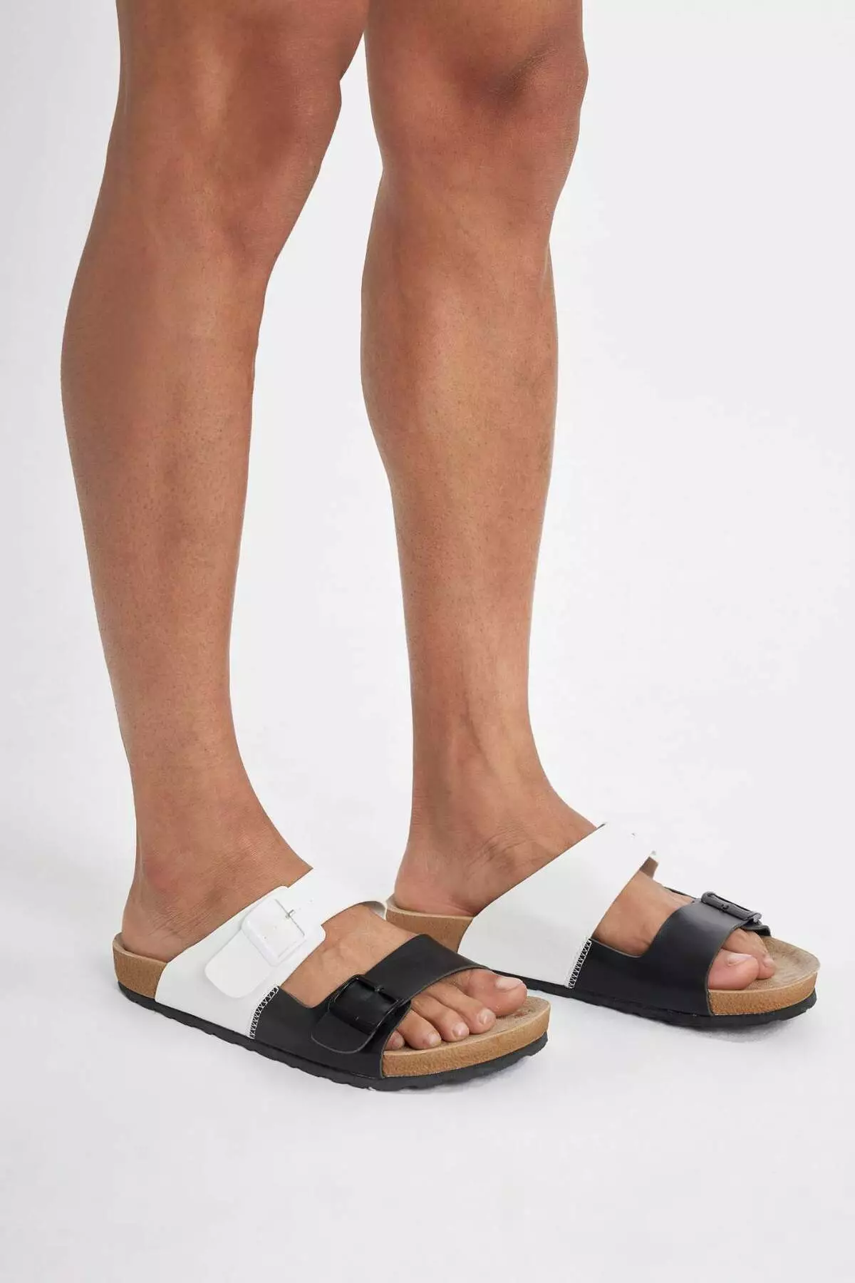 Men's Faux Leather Slippers - Flat Sole, Double Band, C3754AX24HS