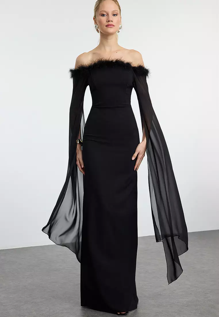 Buy Trendyol Black Sleeve Detailed Otrish Long Elegant Evening Night Graduation  Dress TPRAW25AE00003 2026 Online | ZALORA