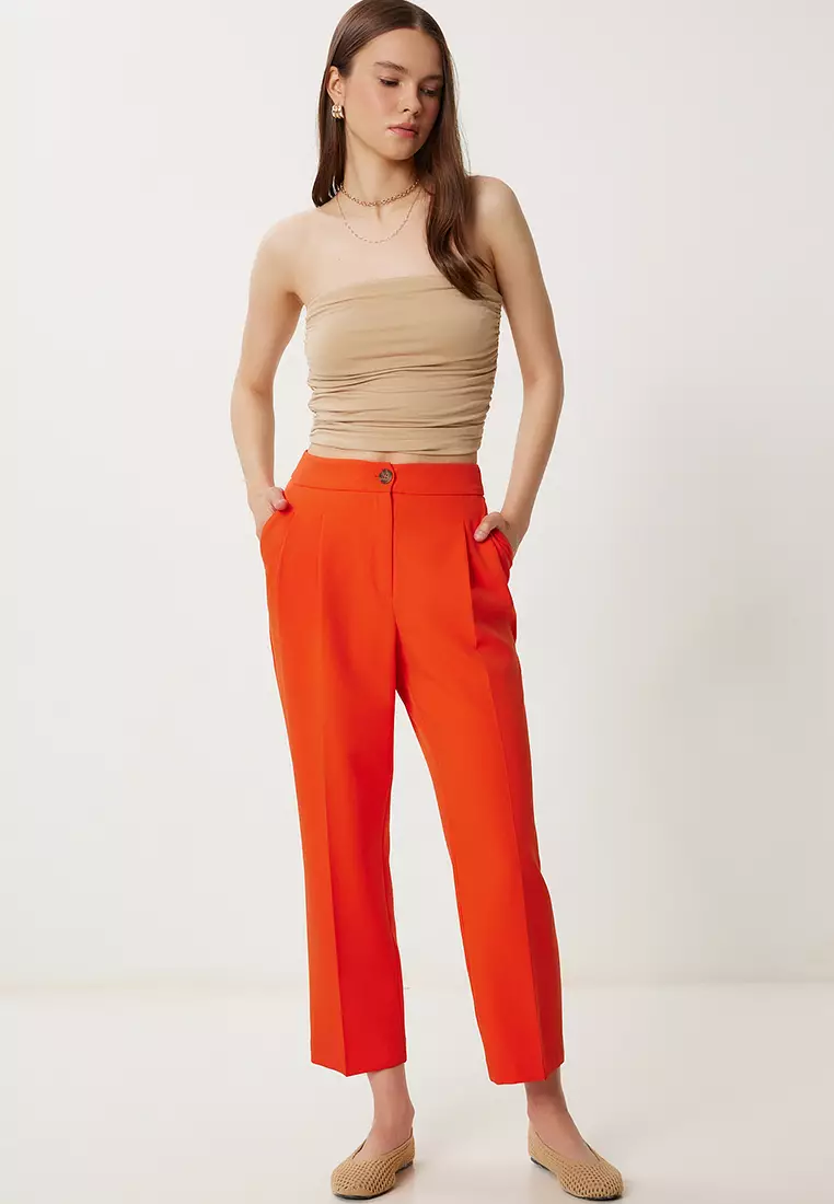 Women's Orange High Waist Pencil Woven Trousers Wf00121