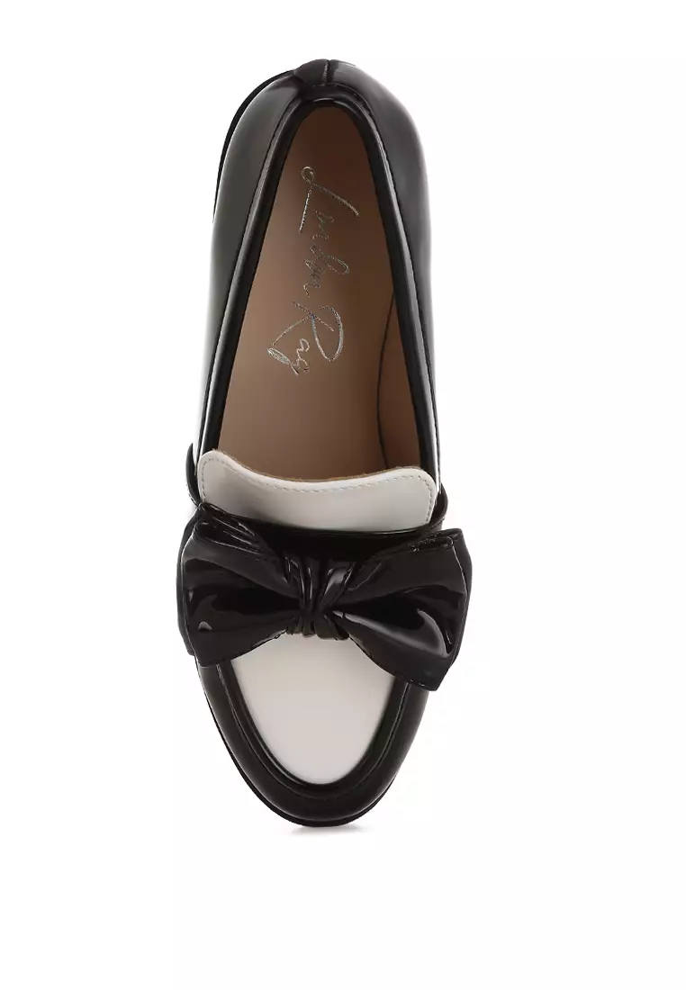 Sepatu Loafer Chunky Bow Klasik Warna Hitam/Putih