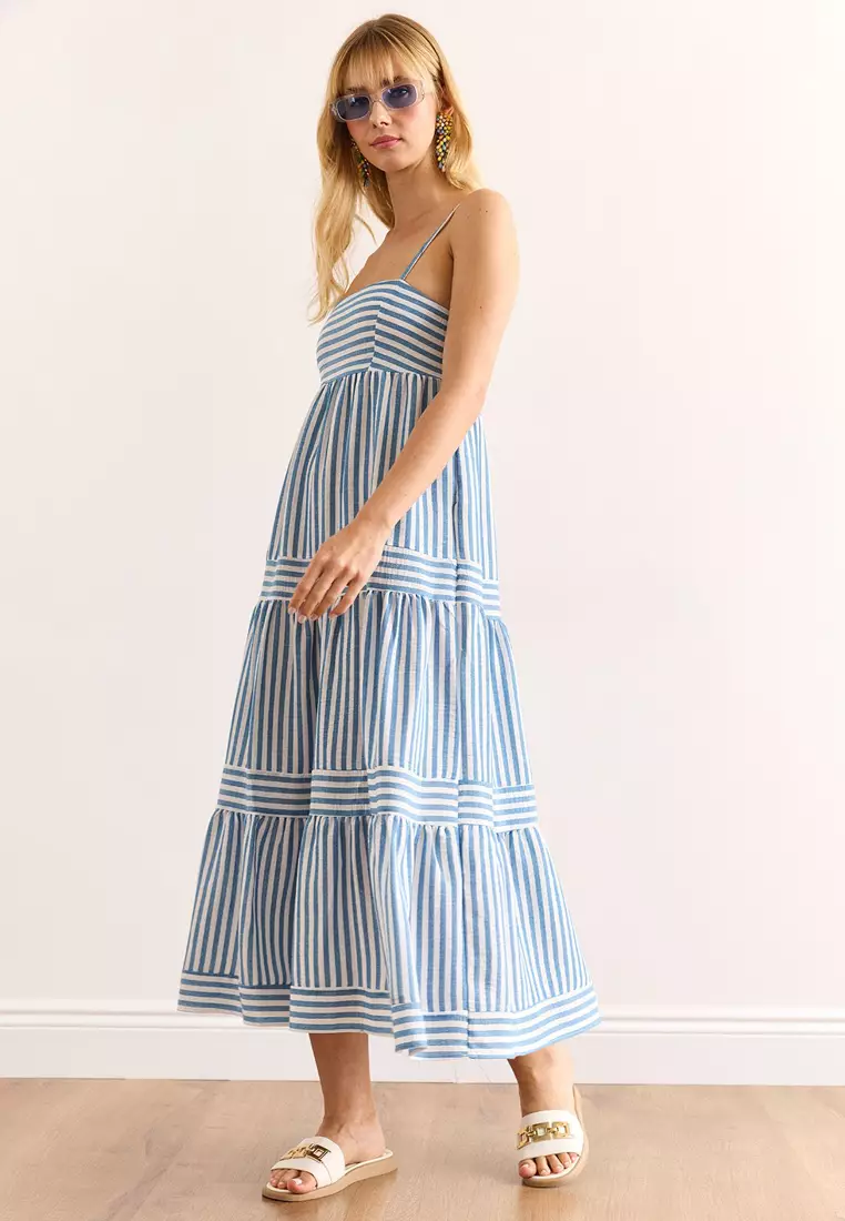 Strap Adjustable Pocket Striped Maxi Dress