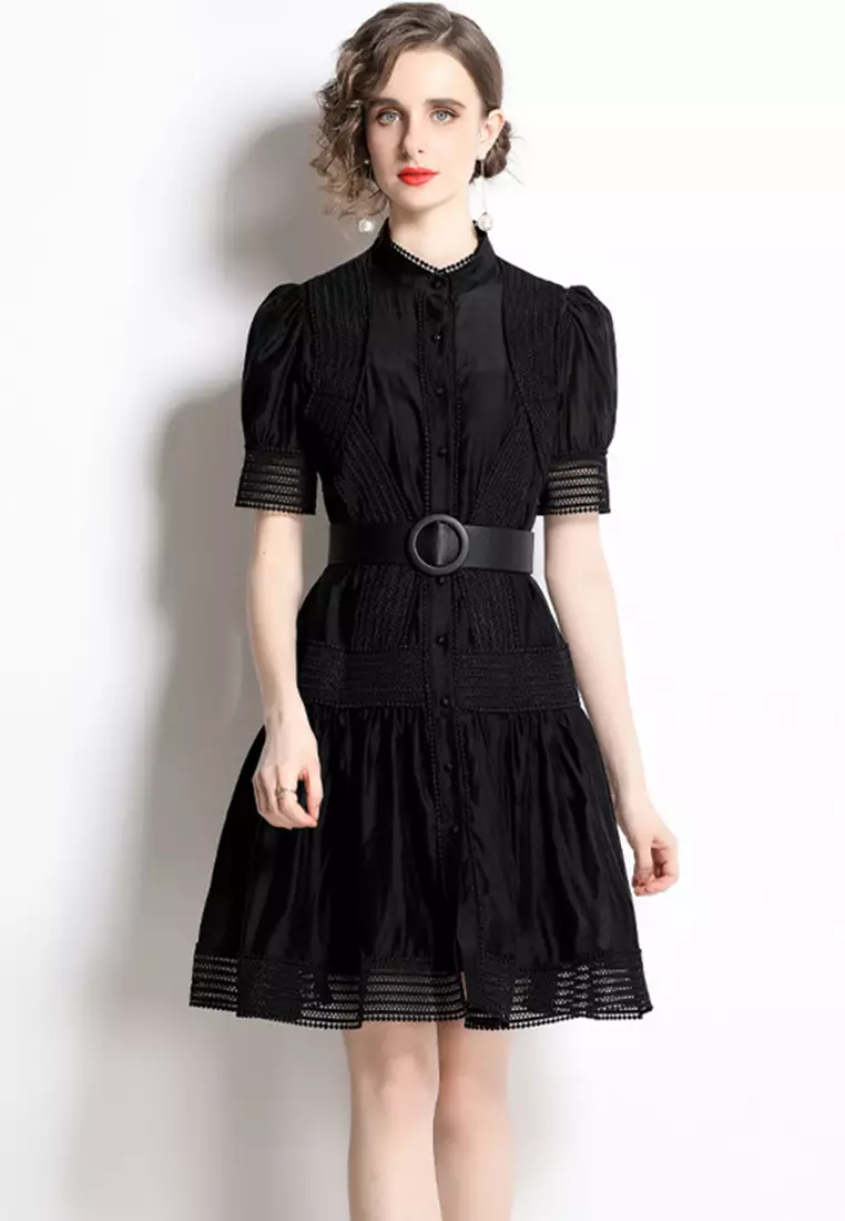 Lace Stitching Stand Collar Waist One-Piece Dress A22050707