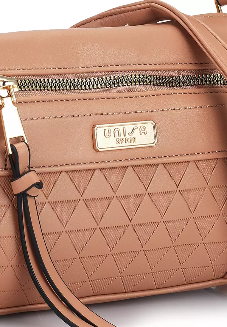 Debossed Convertible Top Handle Bag With Front Zip