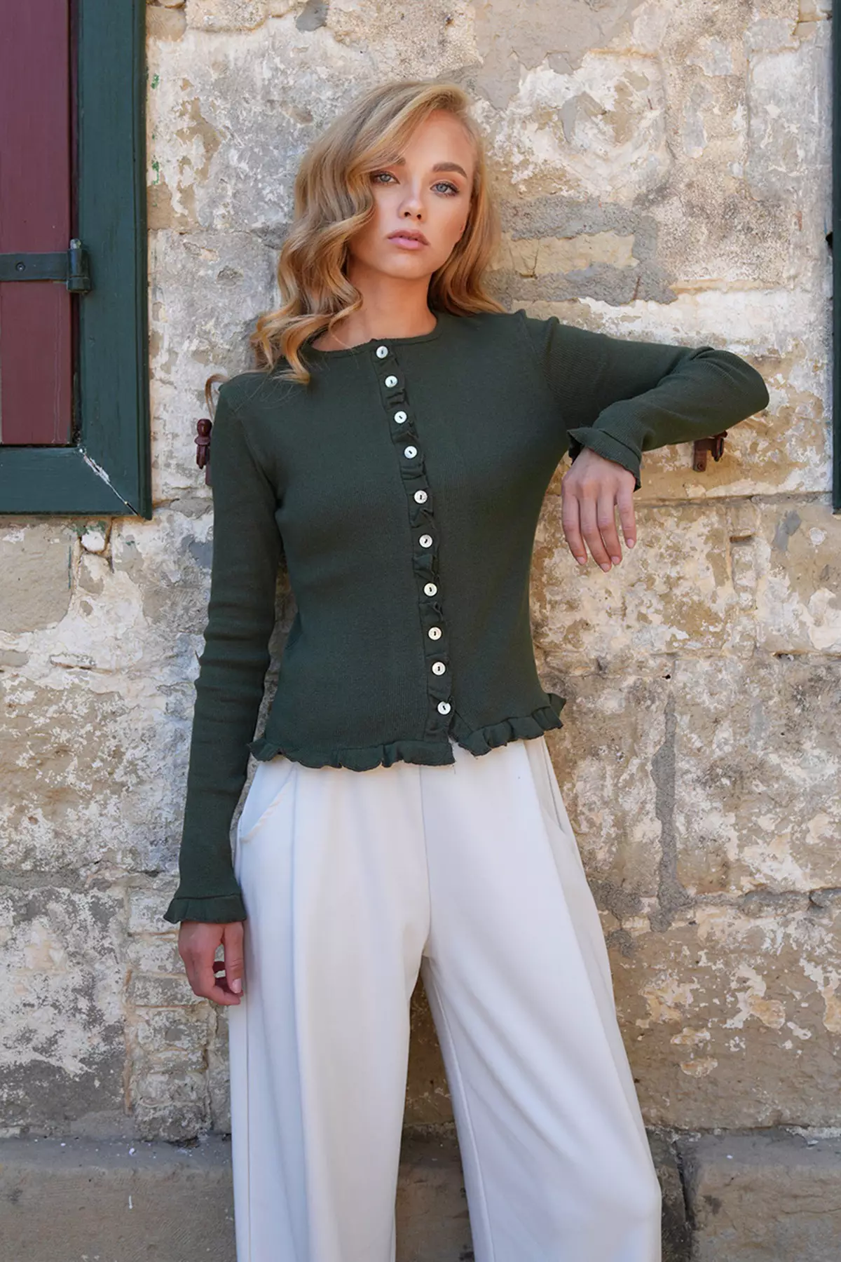 Women's Olive Green Crew Neck Ruffle Detailed Button-Front Knitted Blouse Alc-X14533