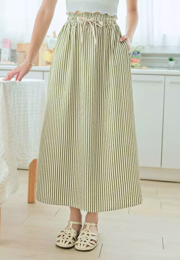 Vertical Stripe Drawstring Elastic Waist Maxi Skirt [CA3114]