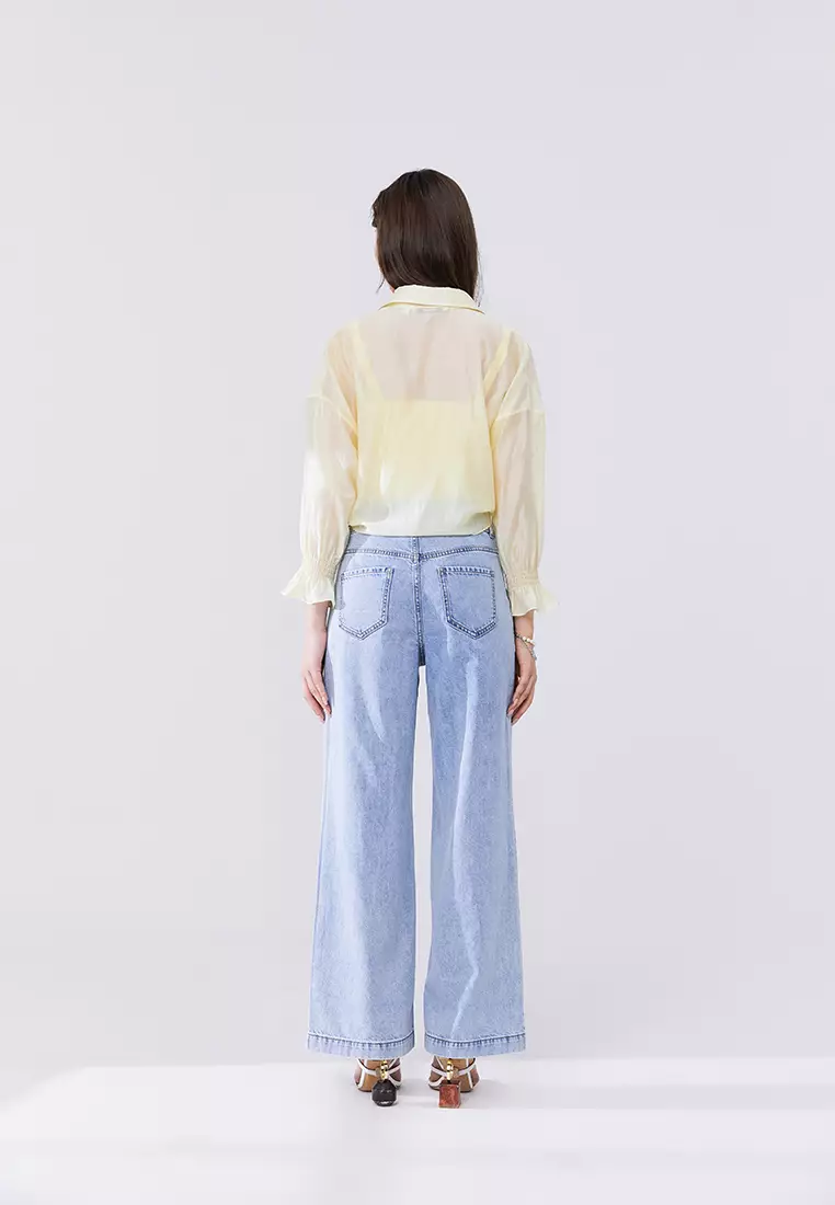Semi Sheer Cropped Blouse With Waist Tie