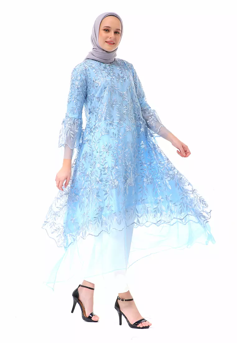 Aliyah Long Dress Motif Bunga High Quality Premium - Baby Blue