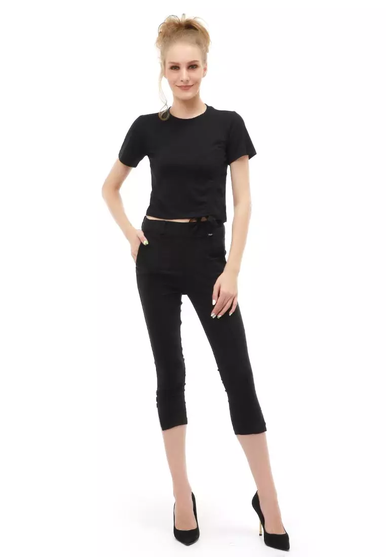 Genevie T-Shirt Kaos Crop Atasan Kasual Wanita Lengan Pendek Material Span Single Jersey ORIGINAL - Black