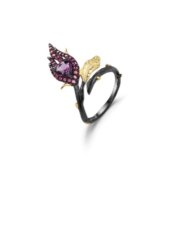 Glamorousky purple 925 Sterling Silver Plated Black Fashion Temperament Floral Amethyst Adjustable Open Ring with Cubic Zircons 81C6BAC0B6C7ABGS_1