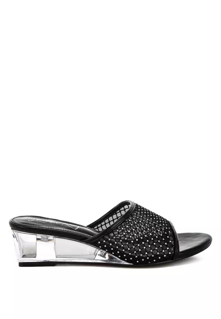 Discount on London Rag  shoes - SKU: Mesh Clear Heel Wedge Sandals In Black