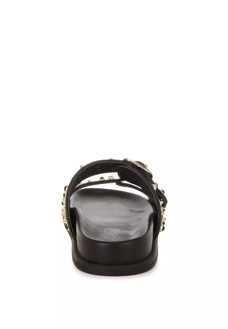 Metallic Stud Embellished Sliders In Black