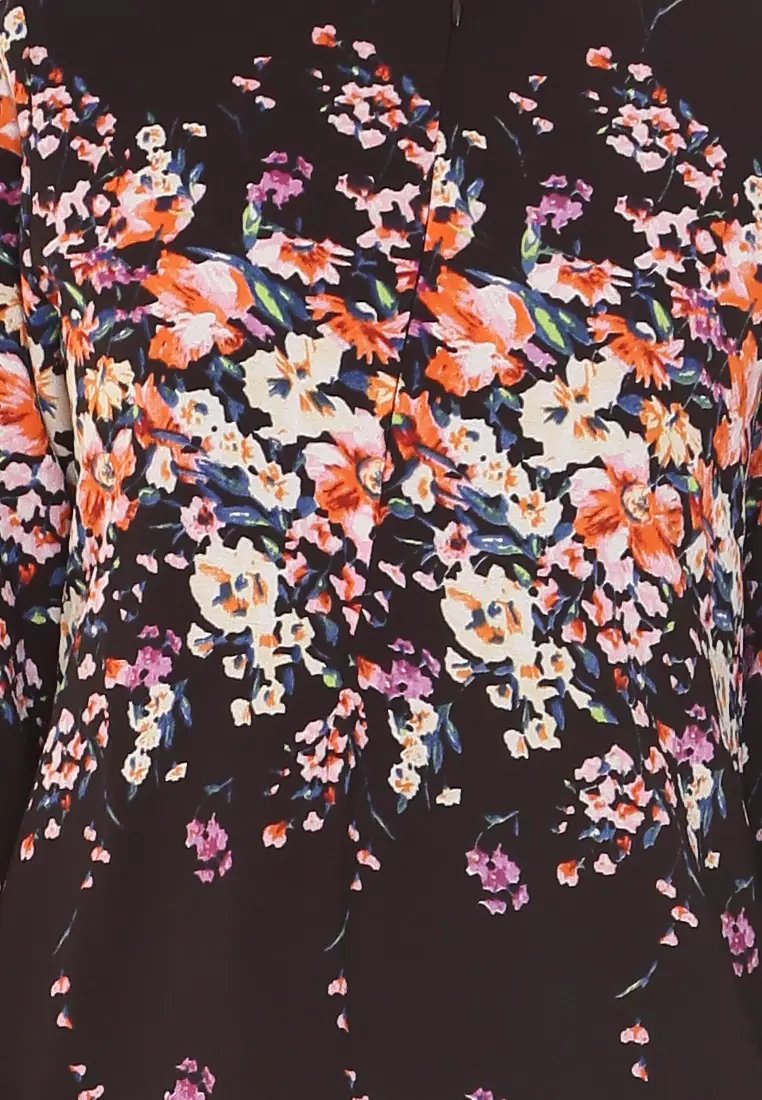 Rina Printed Kurung in Black Rainbow Flower