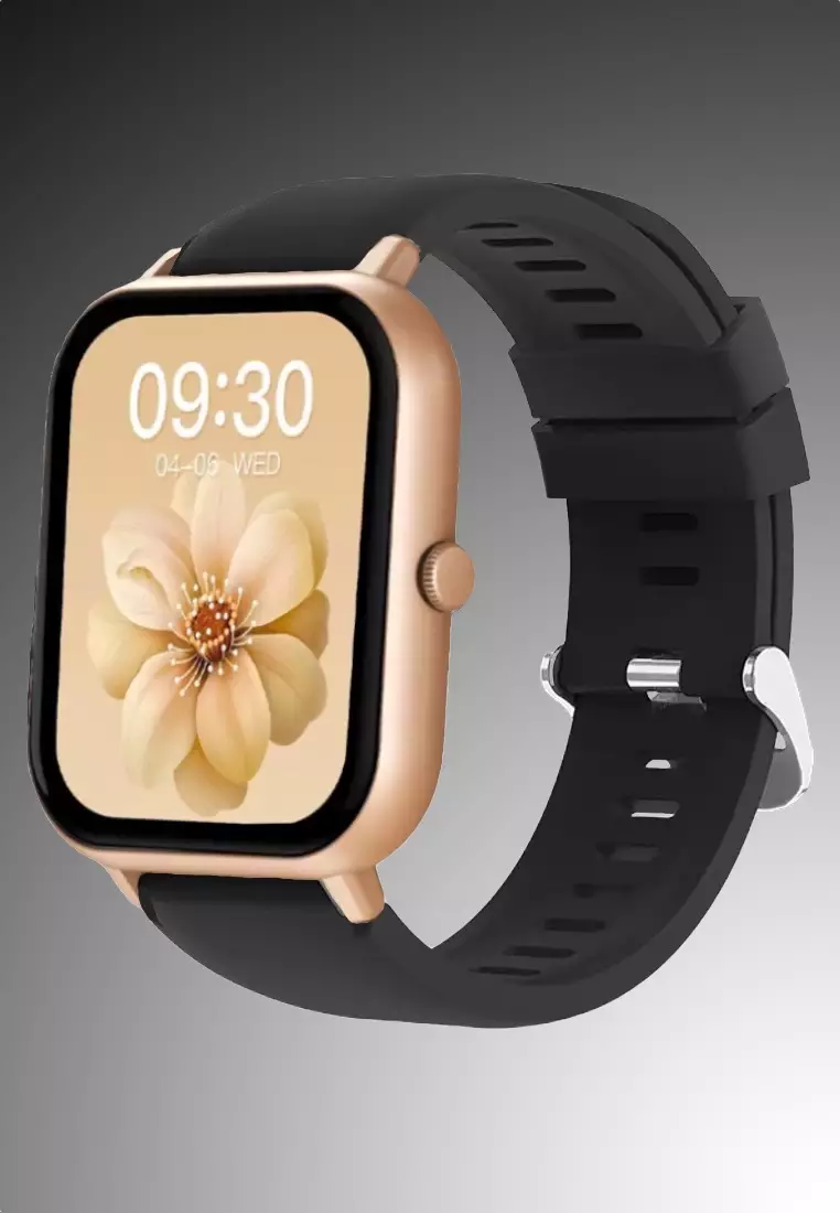 Unisex Rectangular Smart Watch - Gold with Black Rubber Strap