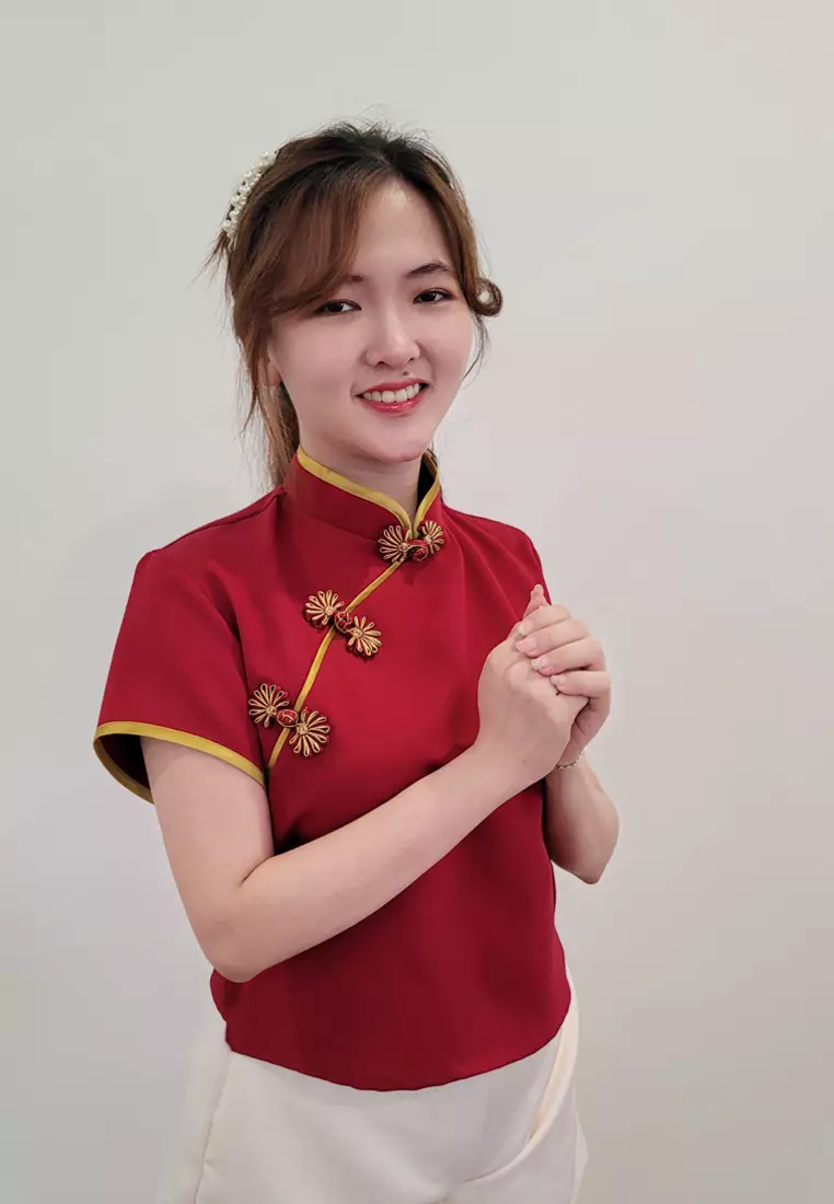 Ivory Cheongsam Cap Sleeves Top Red Maroon