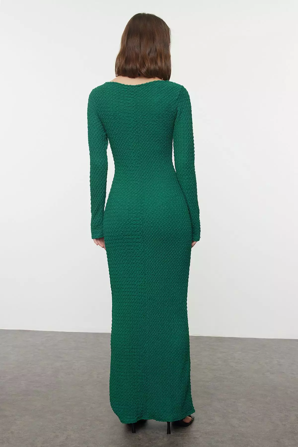 Emerald Green Plain Textured Fitted Maxi Knitted Dress TWOAW25EL00097