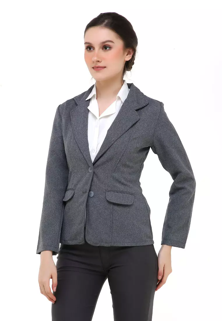 Qemsya Jas Blazer Wanita Premium Formal Longsleeve Suit Material Polyester ORIGINAL - Gray