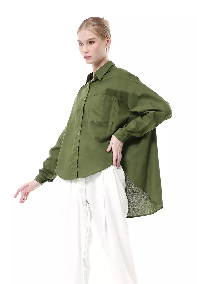 Nandira Kemeja Atasan Wanita Oversize Motif Polos Long Sleeve - Olive