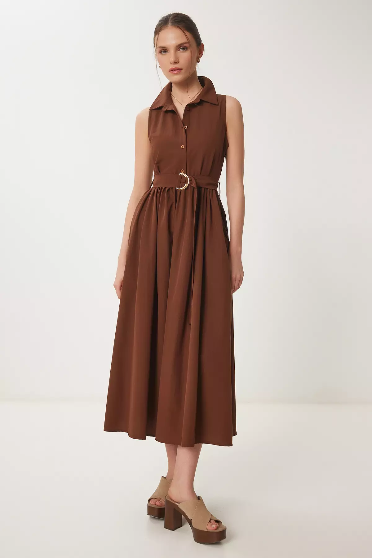 Women's Brown Belted Poplin Midi Shirt Dress Ub00354