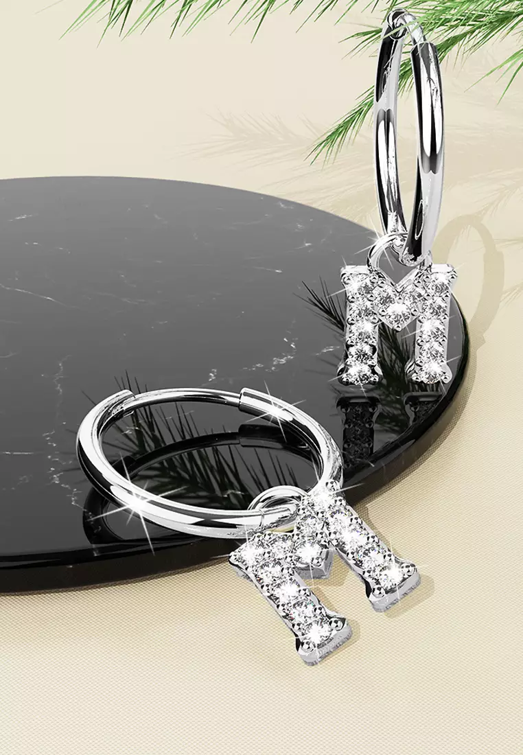 Solid 925 Sterling Silver Octavia Alphabet Letter Zircon Huggie Earrings Silver - M