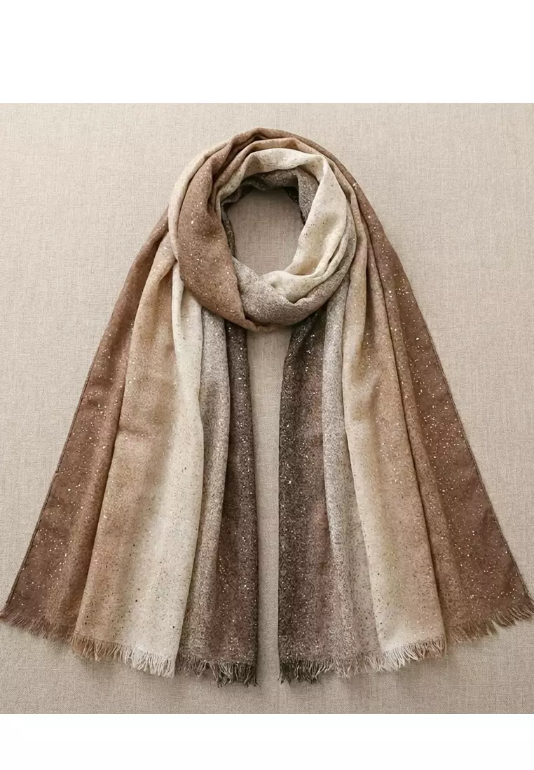 Aksesoris Wanita Syal Lebar Wanita Gradient Golden Glitter Embellish Lurex Prada Viscose Pashmina Shawl Brown