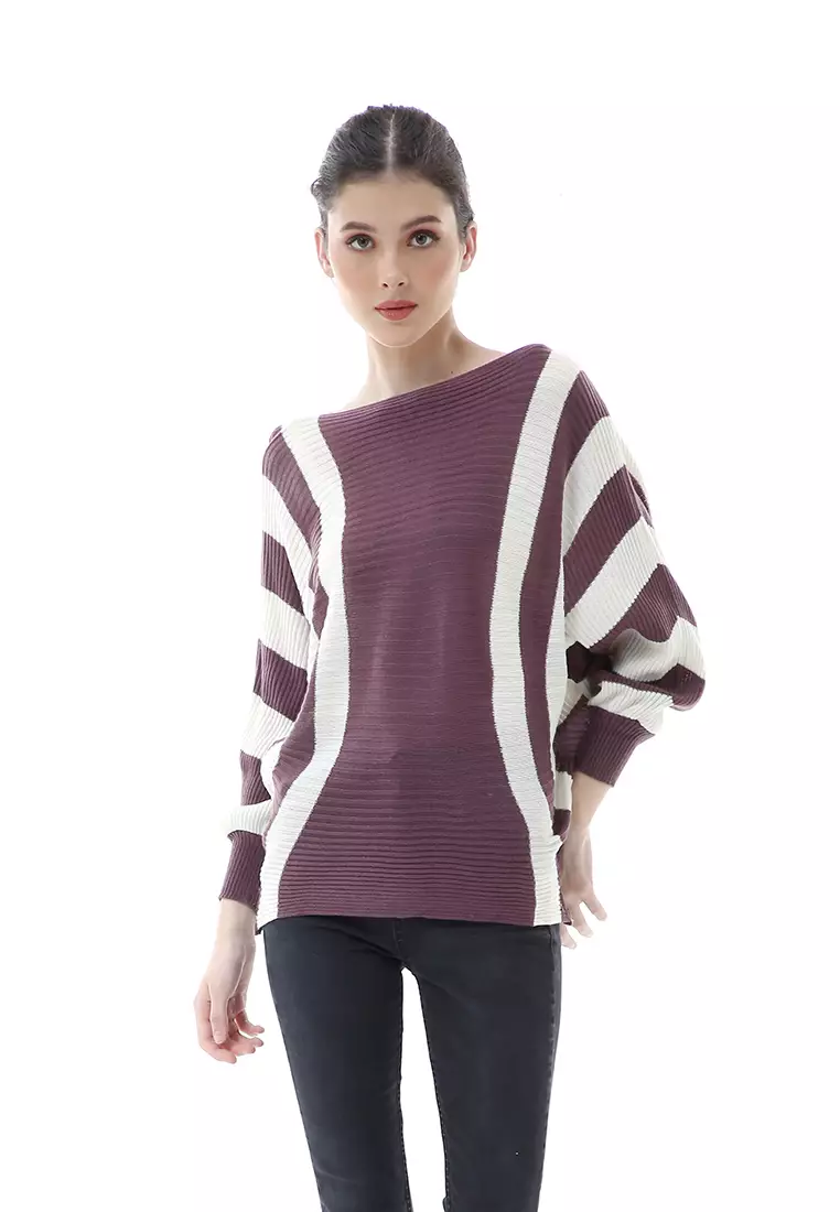Viana Blouse Rajut Atasan Wanita Motif Zebra Stripe Oversize Jumbo Premium Quality - Burgundy