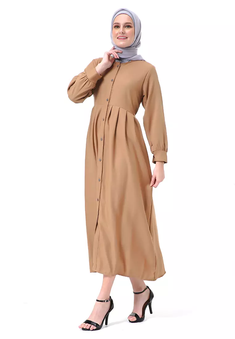 Kiyah Dress Button Muslimah Atasan Wanita Long Sleeve Premium Quality - Mocca