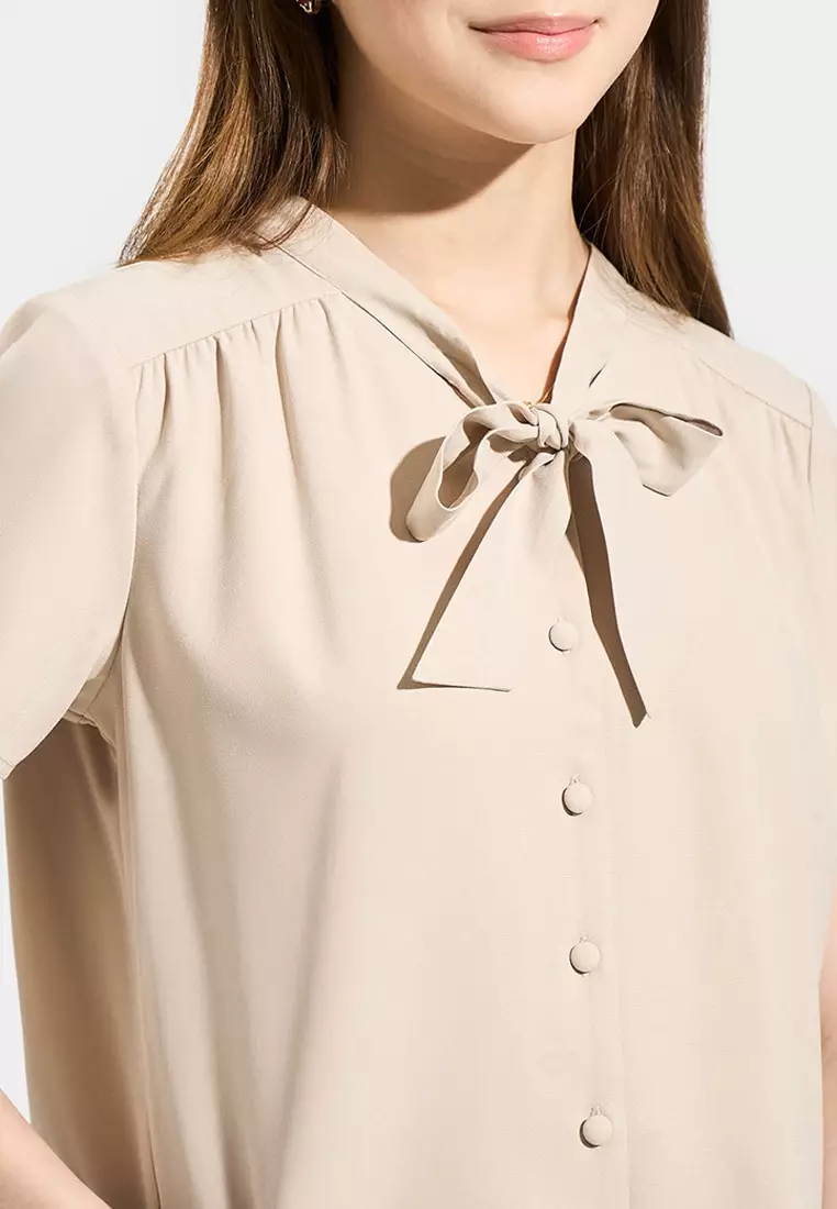 Button Down V-Neck with Tie Blouse