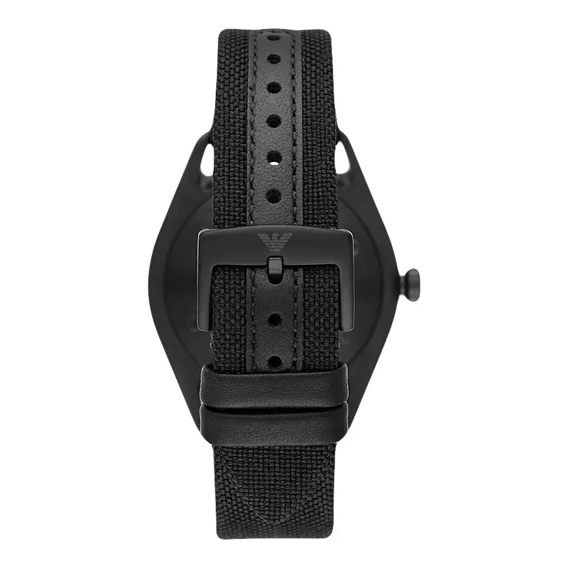 Jam Tangan Pria Emporio Armani Fashion AR11397 Solar Powered Men Black Dial Black Fabric Strap
