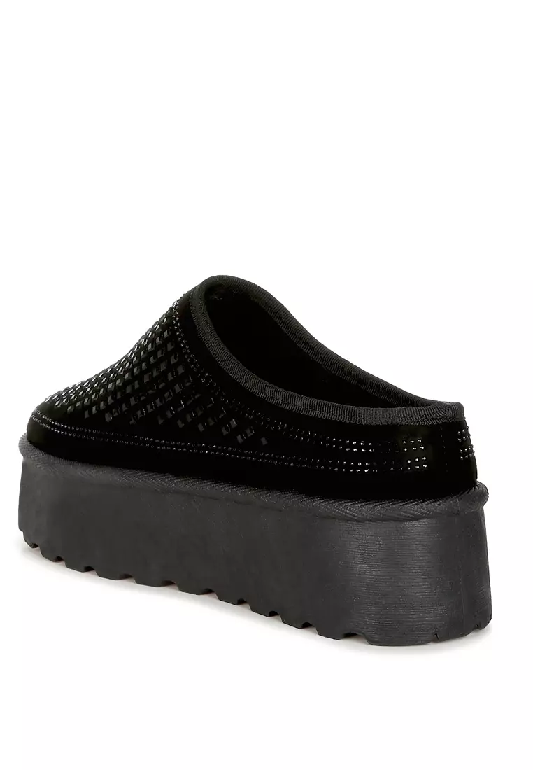 Black Rhinestones Embellished Platform Classic Slip-On