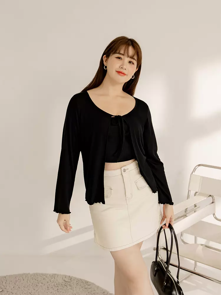 Elastic striped tie-front long-sleeve overlay top [EA3663]