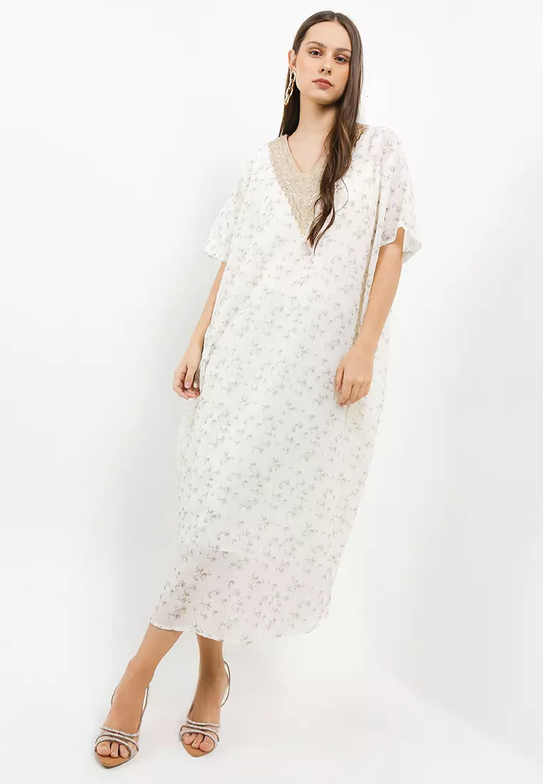 Gold Lace Met Emb Printed Chiffon Kaftan