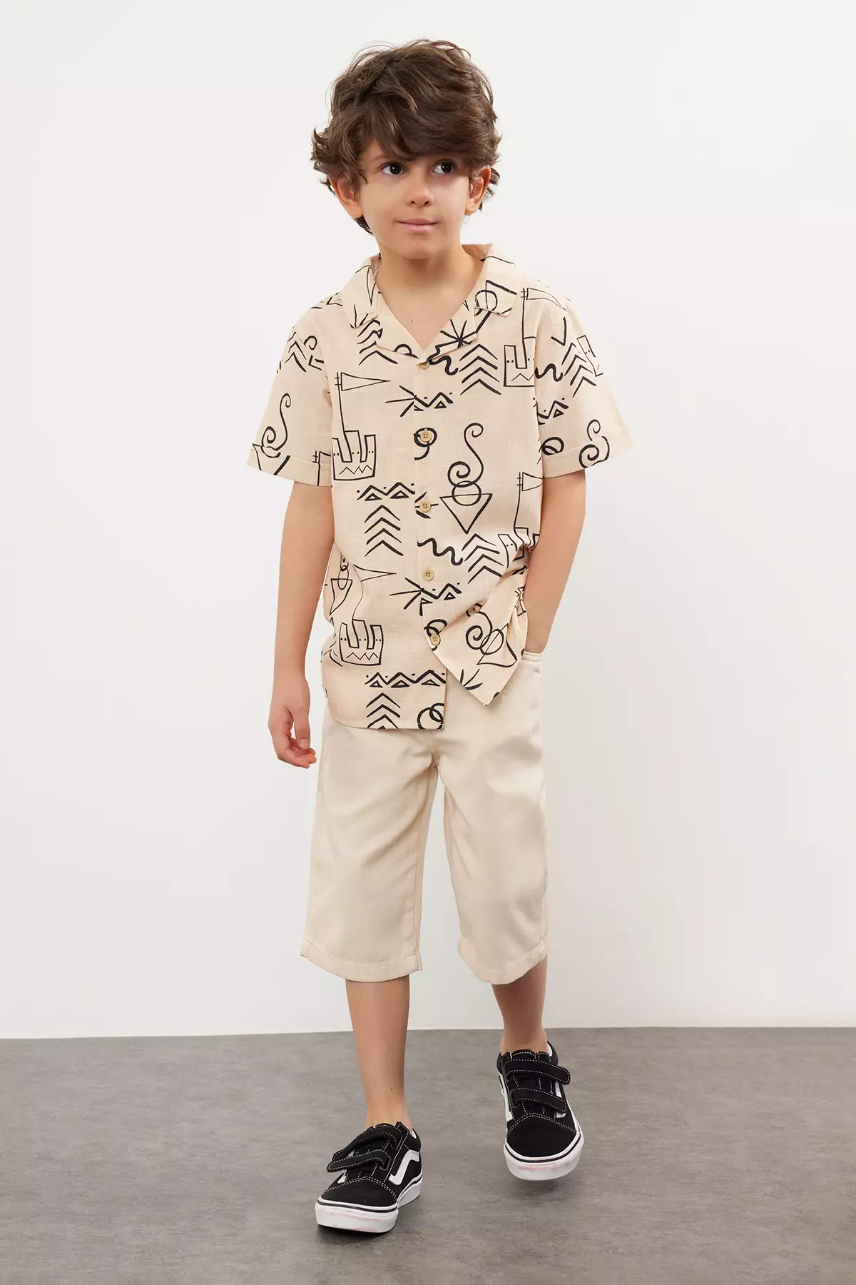 Boy Beige Print Cotton Shirt-Jean Set Tkdss24Au00002