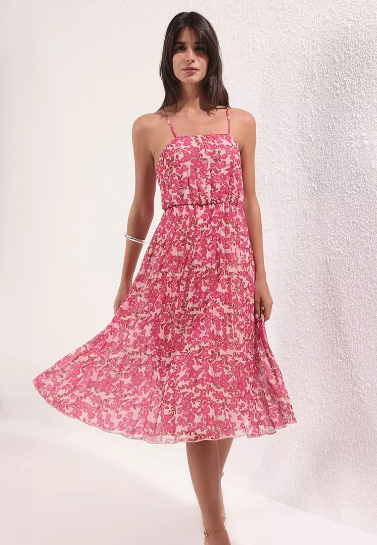 Pink Skirt Waist Open Floral Pleated Midi Woven Dress Twoss25El00581