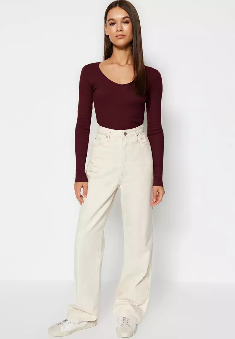 Claret Red-Stone 2-Pack V-Neck Fitted/Body-Sit Cotton Flexible Knitted Blouse Twoaw24Bz00068