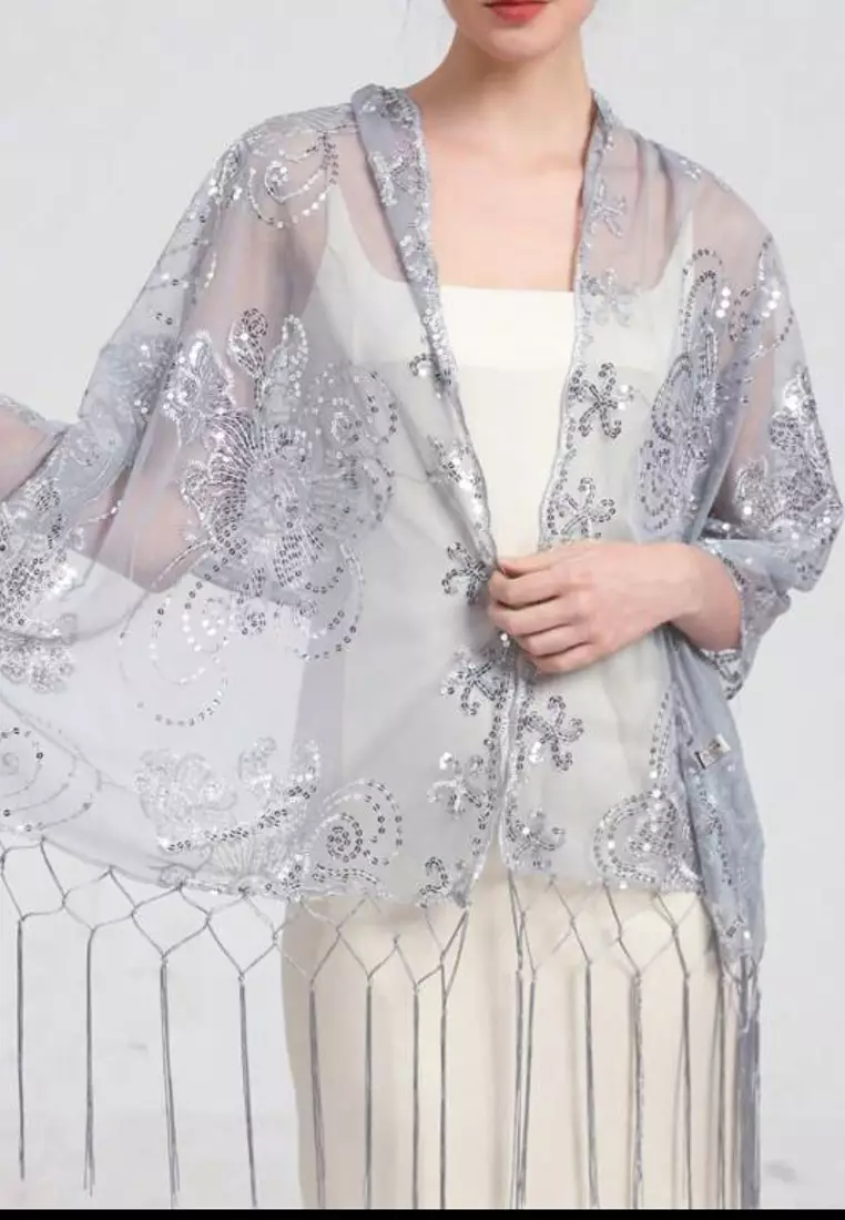 Aksesoris Wanita Sahana Flower Sequinn Lace  Fringed Evening Shawl Syal Pesta Wanita Silver Grey