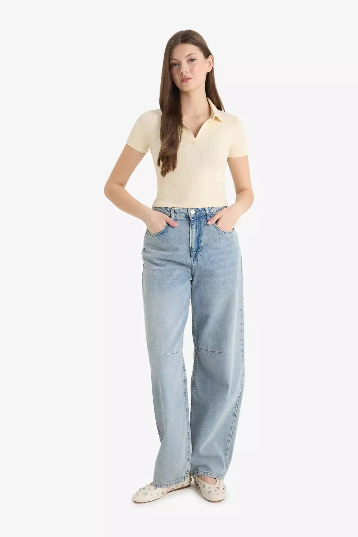 Fitted Polo Neck Basic Plain Ribbed Camisole Short Sleeve T-Shirt A0379Ax25Sm