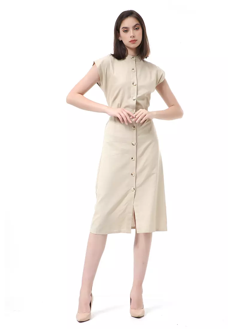 Rachel Rok Wanita Lengan Pendek Button Front Midi Dress Material Sateen ORIGINAL - Nude Brown