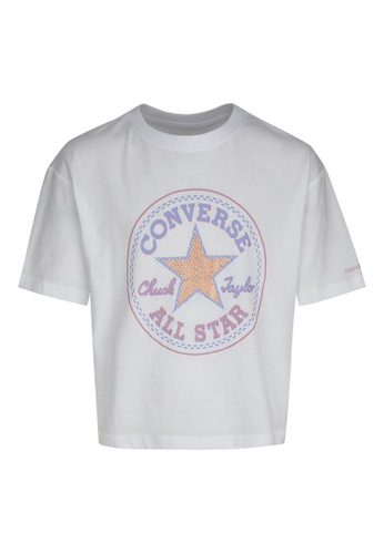 Converse white Converse Star Faux Sequin Tee (Big Kids) DCDD3KA8BC2560GS_1