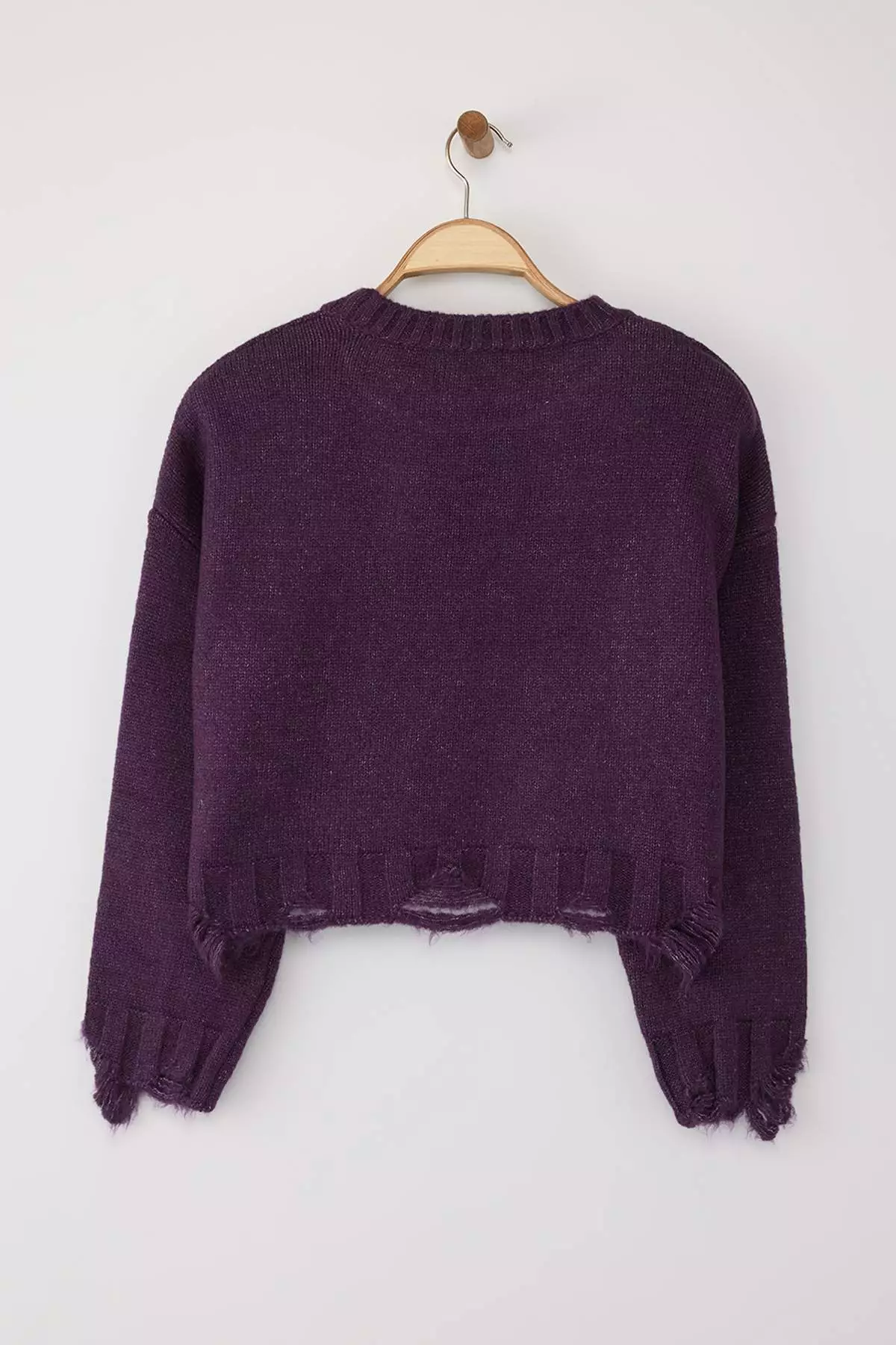 Purple Crop Wide Fit Soft Textured Pullover Detailed Sweater