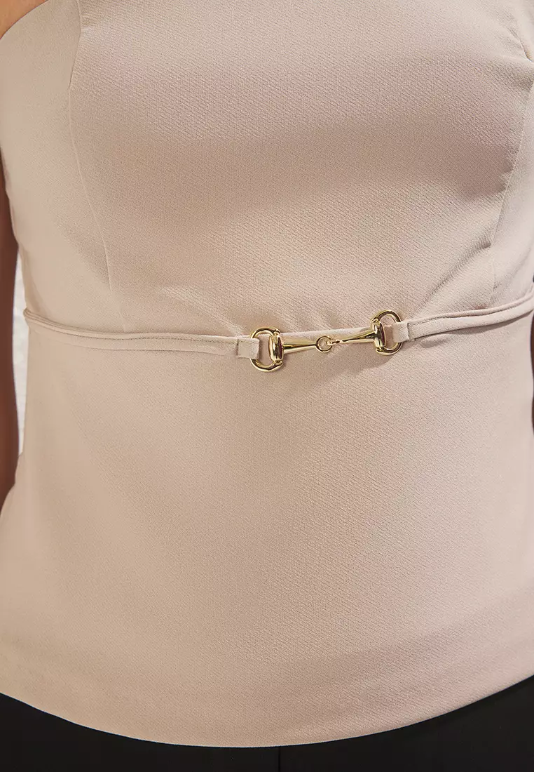 Mink Strapless Fitted Thin Ornamental Belt Detailed Woven Blouse TWOSS25BZ00421