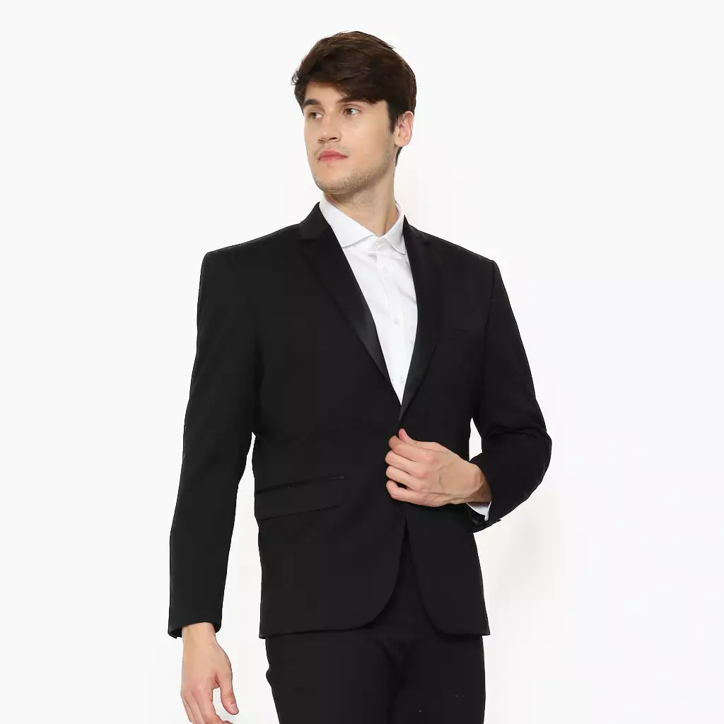 Lawell Jas Pria Hitam Tuxedo Formal Elegan – Regular Fit | Polyester Viscose Stretch | Motif Twill Kecil | Kancing 1 | TUXEDO