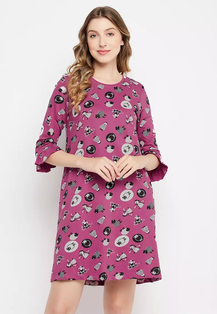 Clovia Sheep Print Long Sleep Tee in Mauve - 100% Cotton