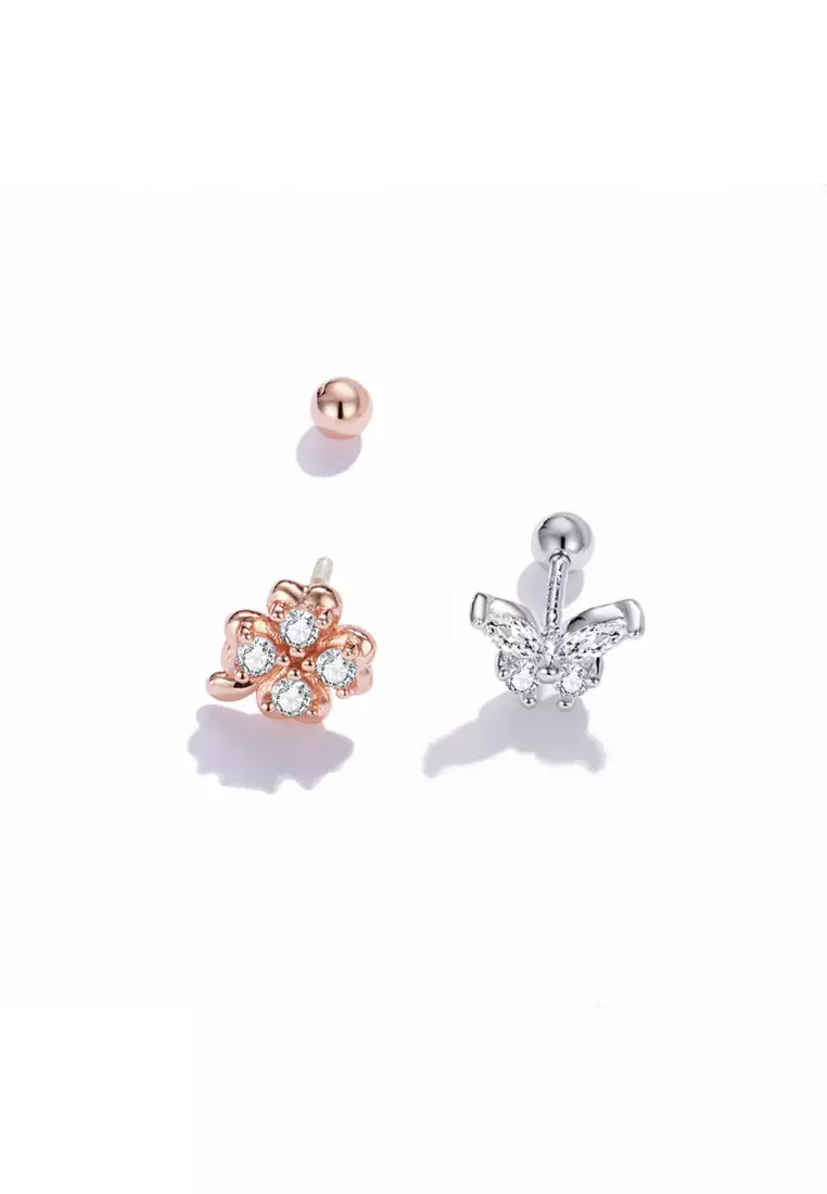 Solid 925 Sterling Silver Mismatch Butterfly Clover Zirconias Cartilage Earrings