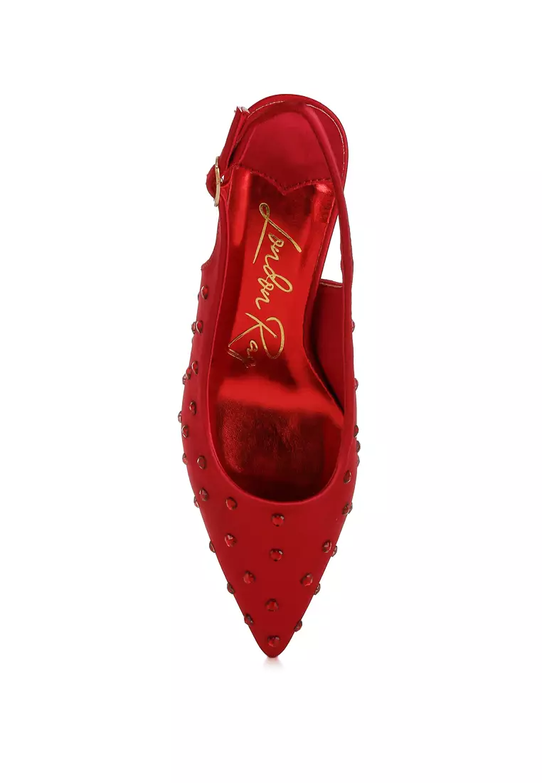 Heart-Shaped Rhinestone Studded Slingbacks in Burgundy