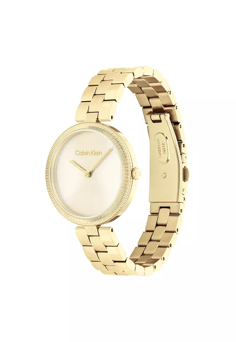 Women's Ionic Thin Gold Plated Steel Bracelet and Light Champagne Dial Quartz Basic Slim Watch - CK25100014