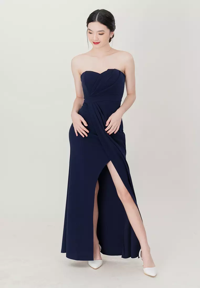 BebeBeige Tube Dress Slim Fit Slit Gown Long Dinner Dress Blue