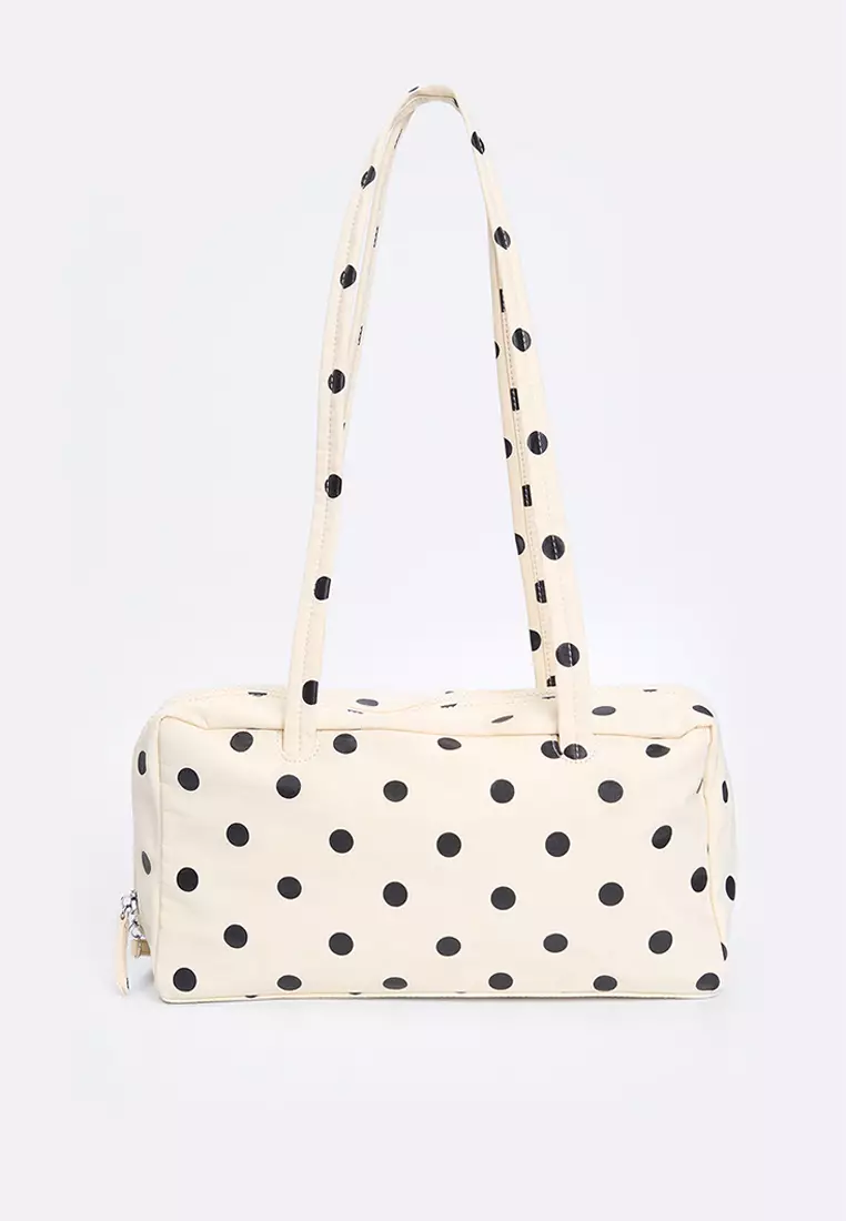 Nylon Polka Dots Bowler Shoulder Bag with Leather Charm